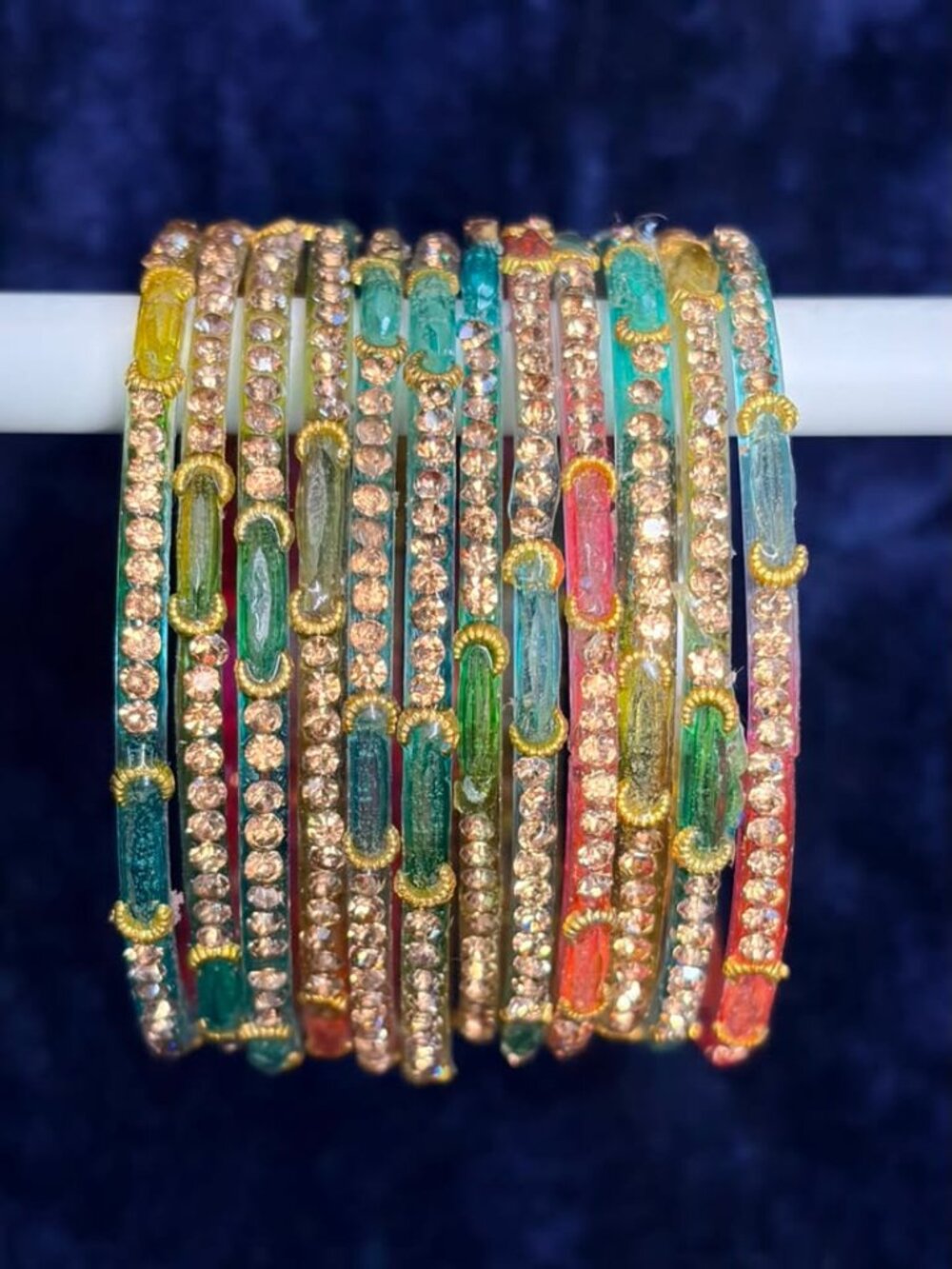 12pcs Women's Multicolor Rhinestone Bangle Bracelets, Gold-Tone Ornate Stackable